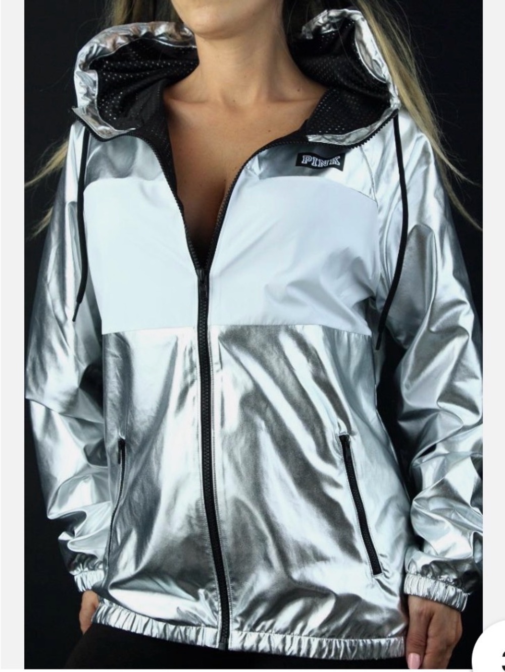 NWT PINK Victoria's Secret Silver Metallic Hooded Windbreaker Jacket Sz XS/S XP/